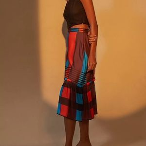 Eva Franco Flounced Hem Midi Skirt Red Blue Motif Anthropologie US 4/UK 8
